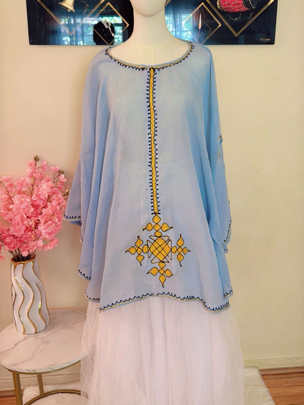 Light Blue Embroidered Tunic with Yellow Accent